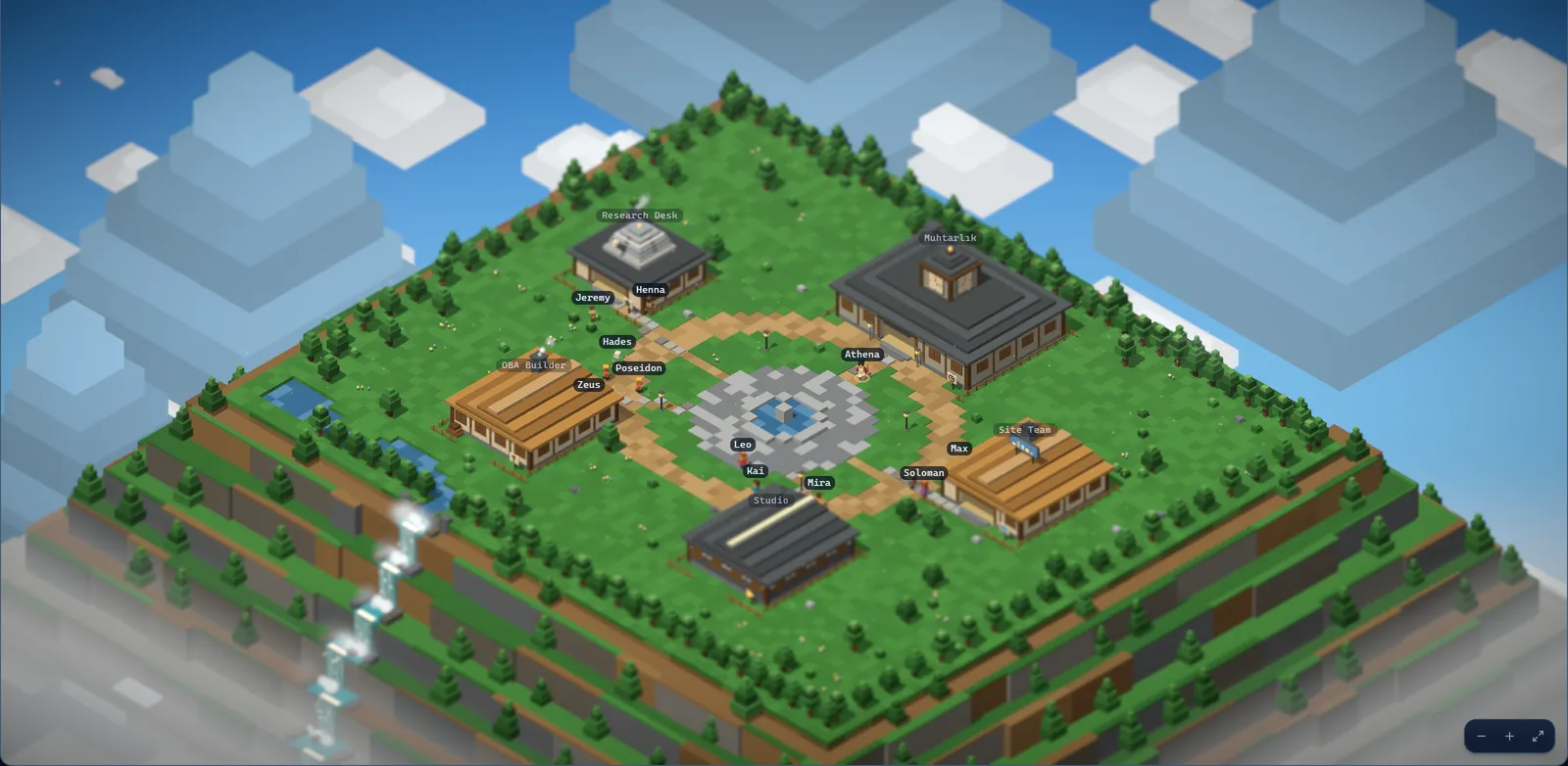 OBA's village on a mountaintop among the clouds, in voxel style: houses, a square and agents at their desks