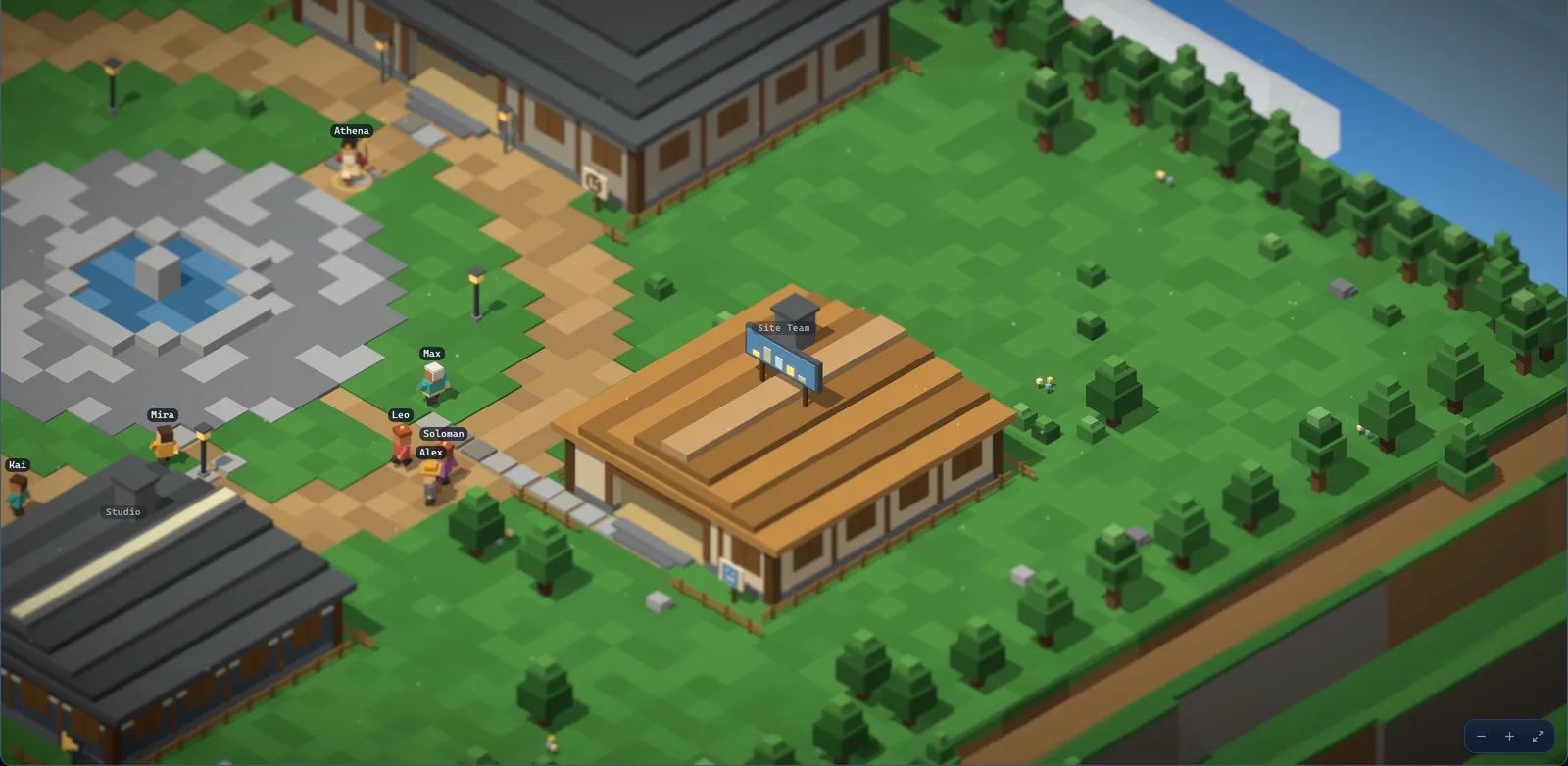 Close-up of the OBA village square in voxel style: houses with agents standing and chatting in front of them