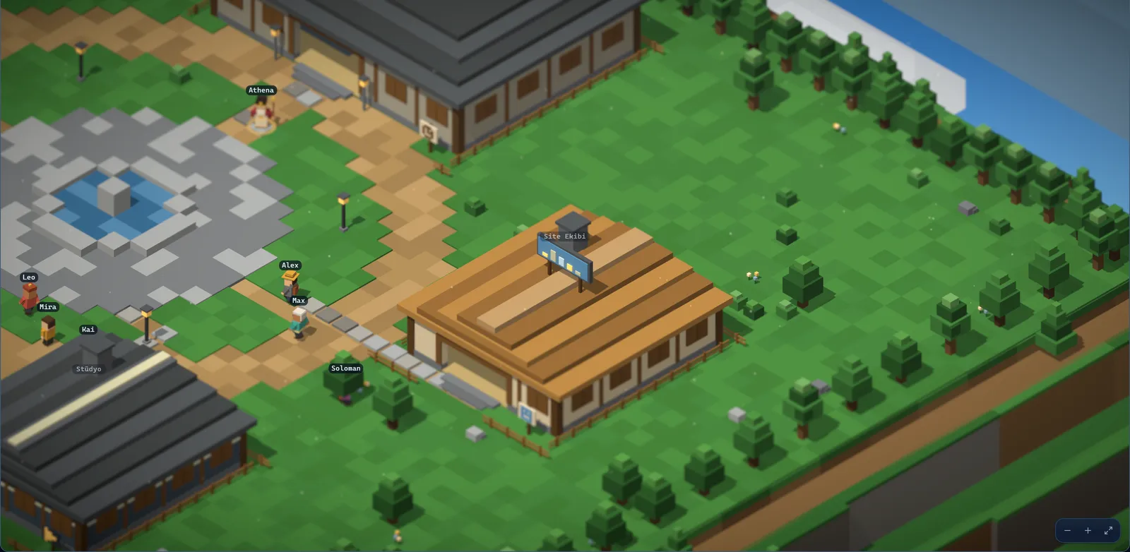 OBA köy meydanından voxel yakın plan: evler ve önlerinde duran, sohbet eden ajanlar